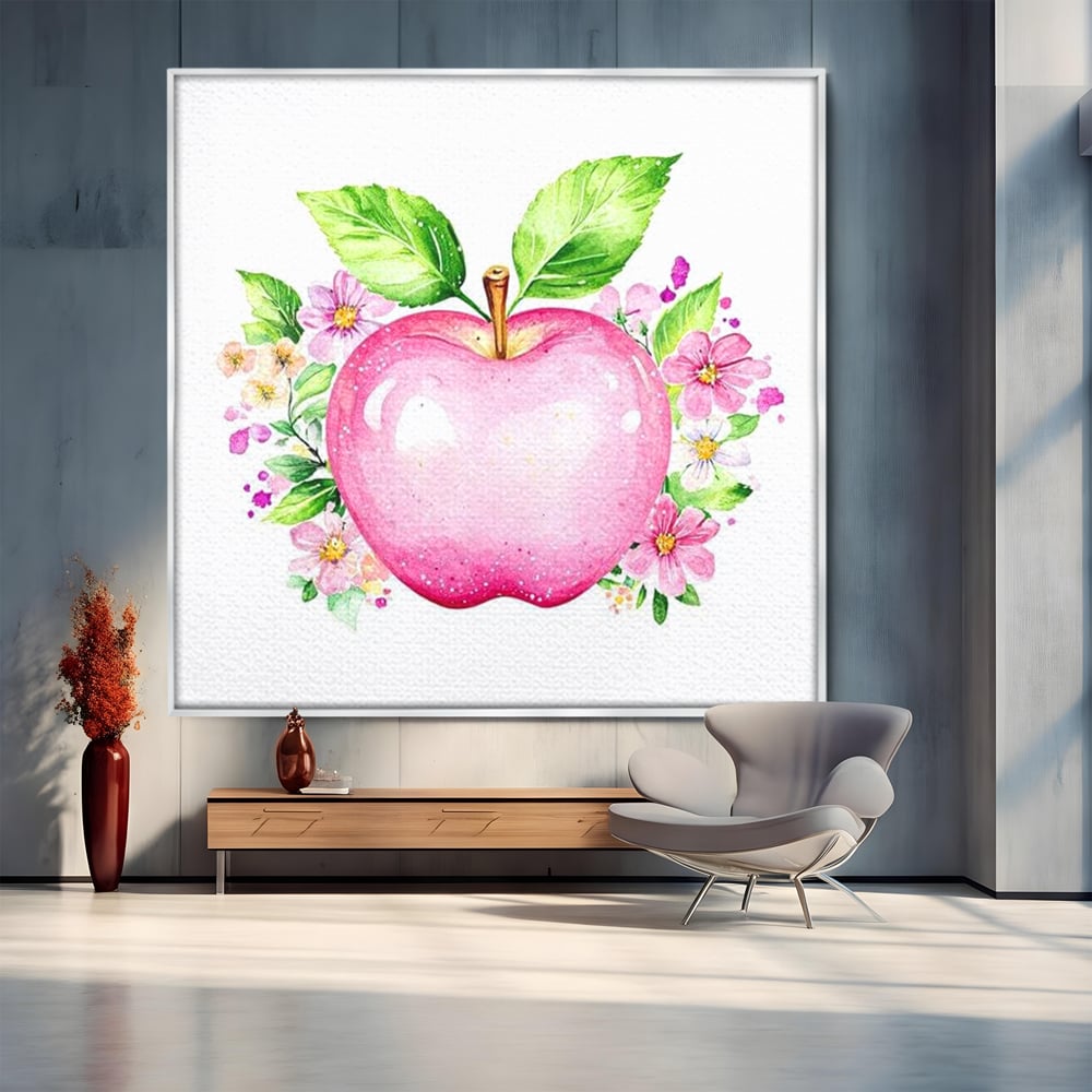 Tablou canvas cu tablou canvas cu mar roz si flori, in rama de aluminiu argintiu